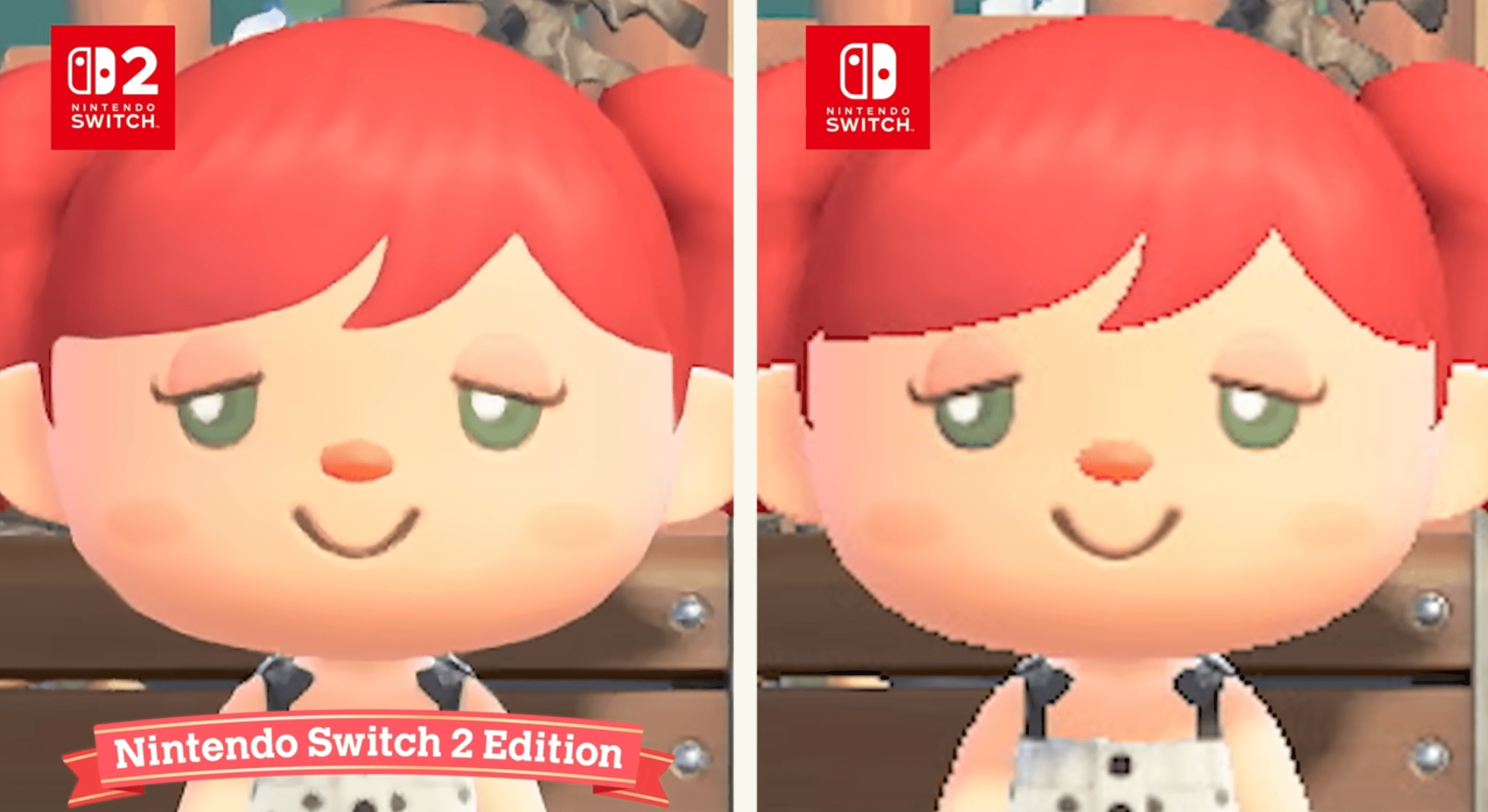 A side-by-side comparison of an Animal Crossing character looking much smoother in the Nintendo Switch 2 version.